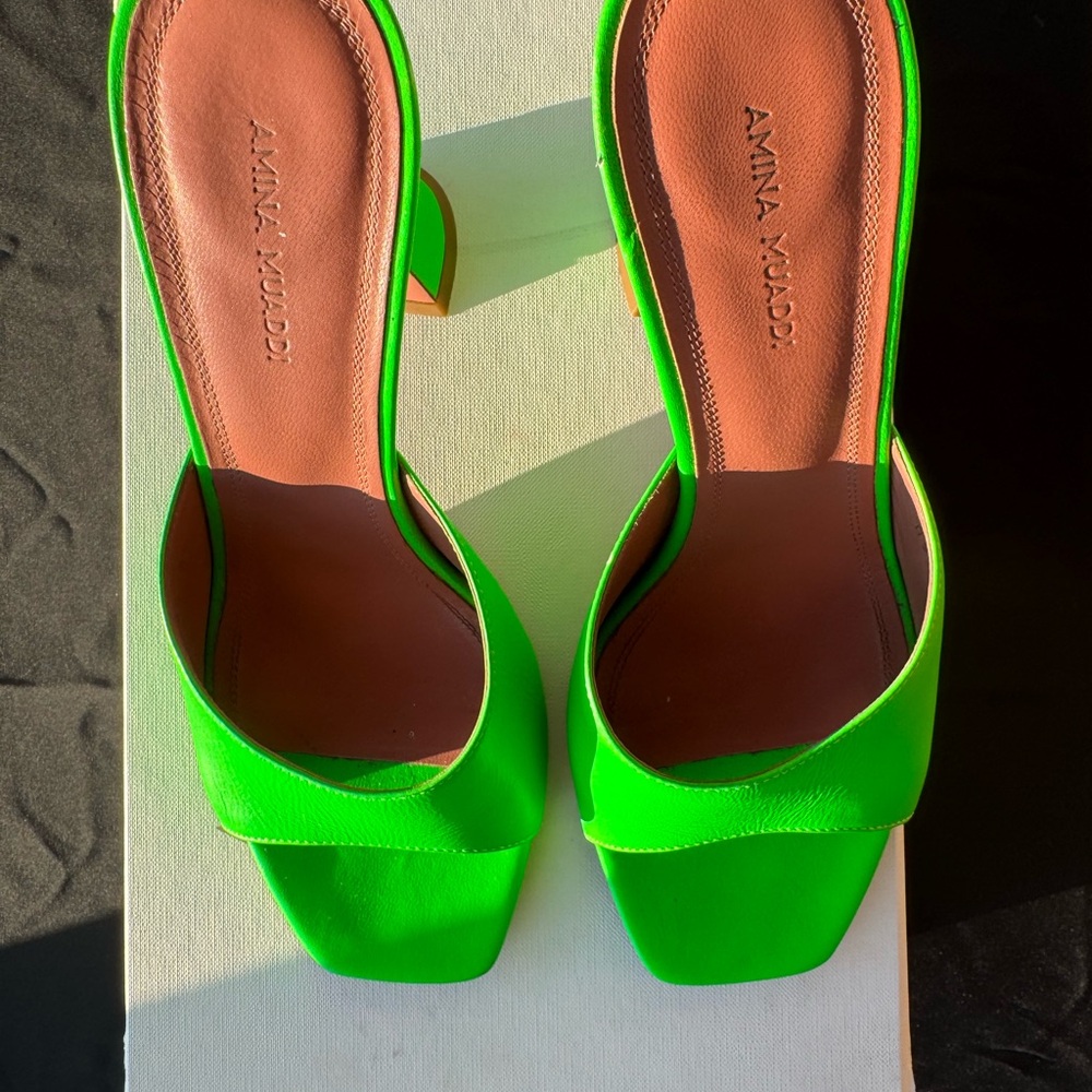 Amina Muaddi Neon Green Heels - Picture 3 of 11